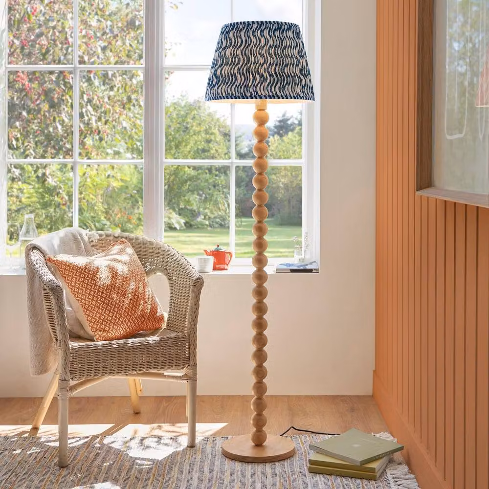 Netlighting Cane Bamboo Floor Lamp with Blue Fabric Ripple Shade in Brown – 2