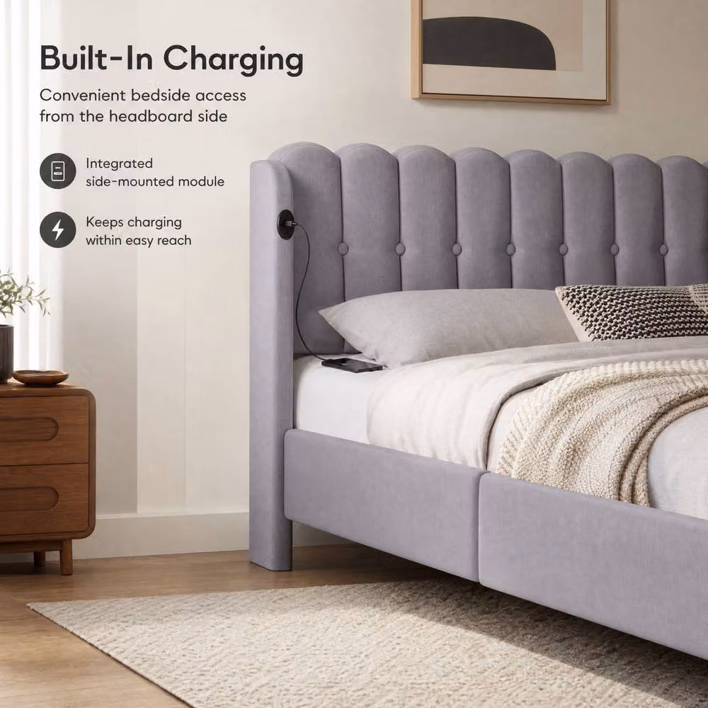 STILVORA Modern Upholstered Double Bed Frame in Grey with USB Charging Port, W/D/H: 140 x 200 x 137 cm – 3