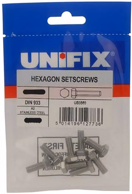 Unifix A2-304 Stainless Steel Hexagon Setscrews, Silver, M 10 x 50 mm, Pack of 2
