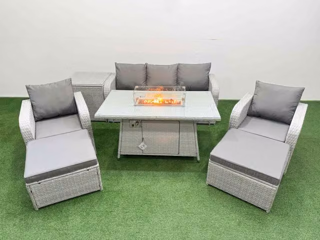 Fimous PE Rattan Garden Furniture Set in Light Grey with Reclining Chairs, Sofa, Firepit, Dining Table, Side Table and 2 Footstools