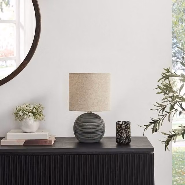 FurnitureboxUK Ripple Round Ceramic Table Lamp in Grey and Black with Fabric Shade – 1
