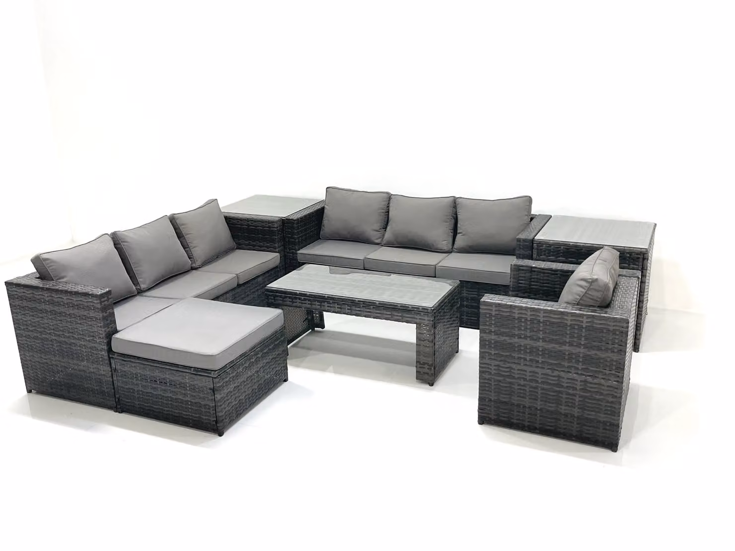 Fimous 8 Seater Rattan Garden Furniture Set in Grey with U-Shape Sofa, Armchairs, Ottoman and Glass Top Coffee Table – 2