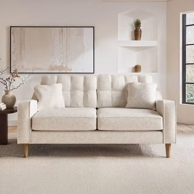 SolaceCo Jude 2 Seater Midcentury Fabric Sofa in Beige