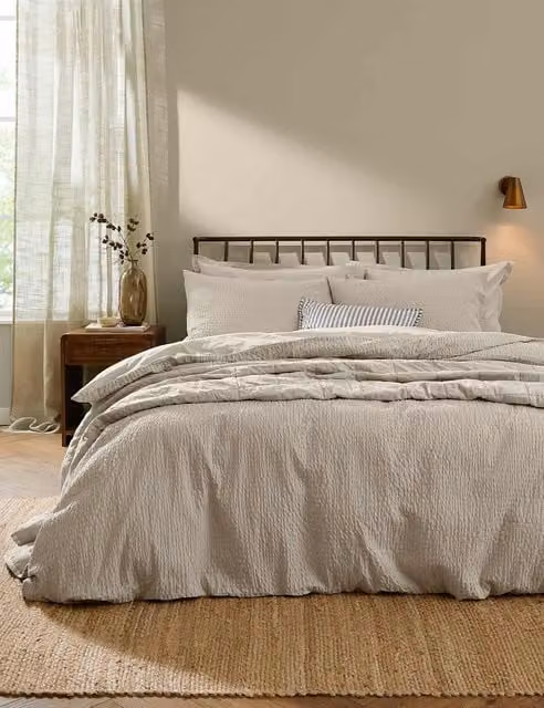 YARD Hebden Pure Cotton Seersucker Bedding Set, Stone, W: 140 cm, L: 200 cm