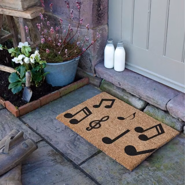 Artsy Mats Music Notes Brown Coir and Natural Rubber Rectangular Doormat