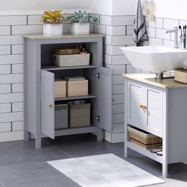 kleankin Grey Freestanding Bathroom and Kitchen Floor Cabinet with Hinged Doors and Adjustable Internal Shelf
