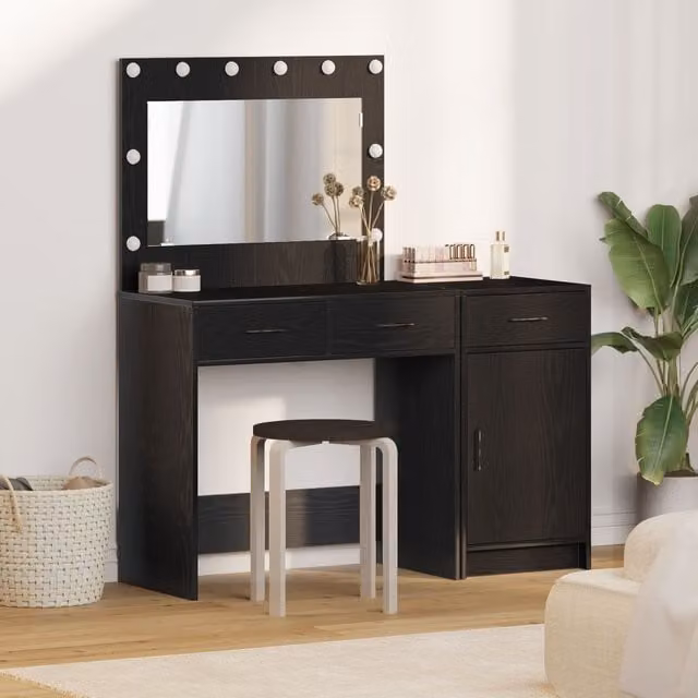 Berkfield Home 2-Piece Modern Hollywood LED Dressing Table Set in Black Matt Engineered Wood