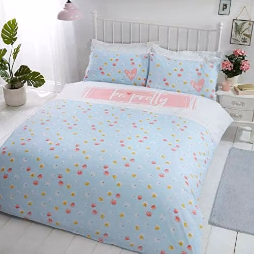 Rapport Home Be Pretty Duck Egg Double Reversible Floral Print Duvet Cover and Pillowcase Set, W: 140 cm, L: 200 cm – 2