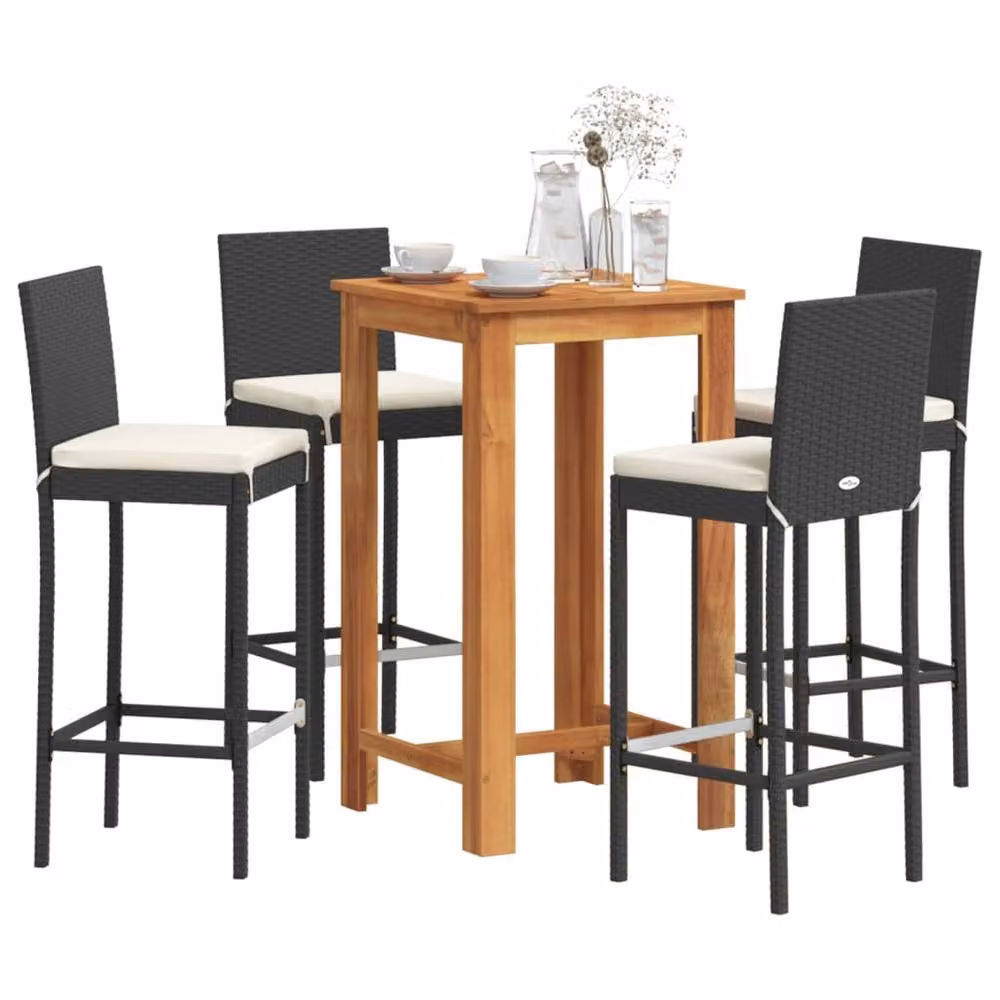 Berkfield Home Beautiful 5 Piece Black Garden Bar Set in Solid Acacia Wood and Poly Rattan, H 105 x W 60 x D 60 cm – 2
