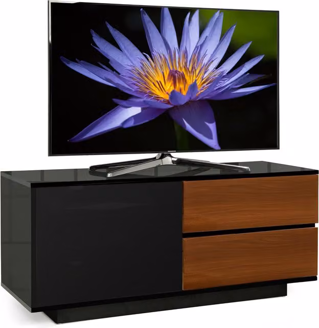 Centurion Supports Modern Glossy TV Cabinet in Black Walnut and Brown with Glass Details