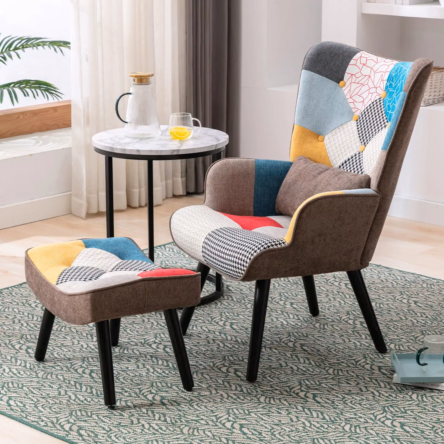 HomeMiYN Mid-Century Patchwork Fabric Single-Seater Sofa with Ottoman in Brown and Orange – 4