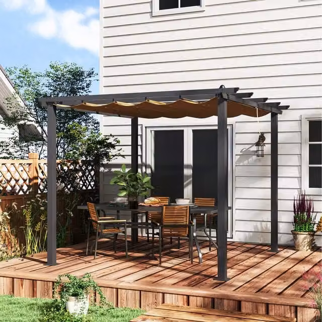 Outsunny Aluminium Pergola with Retractable Roof in Khaki, W/D: 300 x 300 cm