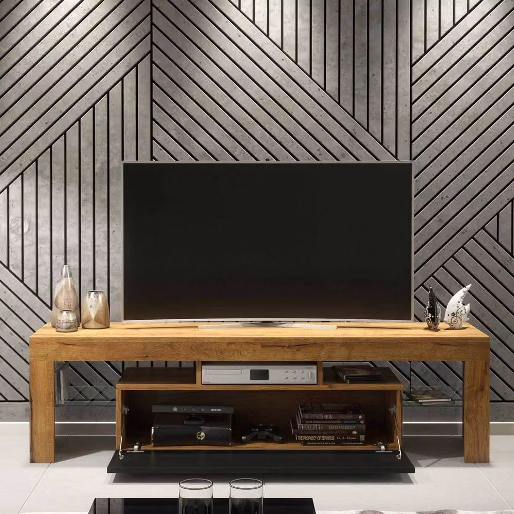 FORGEVIO Modern Oak Wood TV Unit and Sideboard Cabinet in Brown and Black with Glass Details – 4