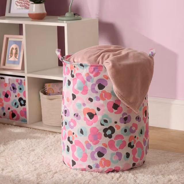 OHS Kids Leopard Print Laundry Basket and Toy Organiser in Pink with Handles