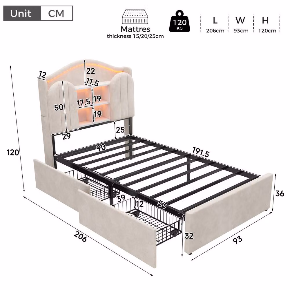 Merax Single Velvet Upholstered Bed with Storage Headboard, LED Lighting, USB Charging Port and Drawers in Beige, W/D/H: 90 x 190 x 93 cm – 2