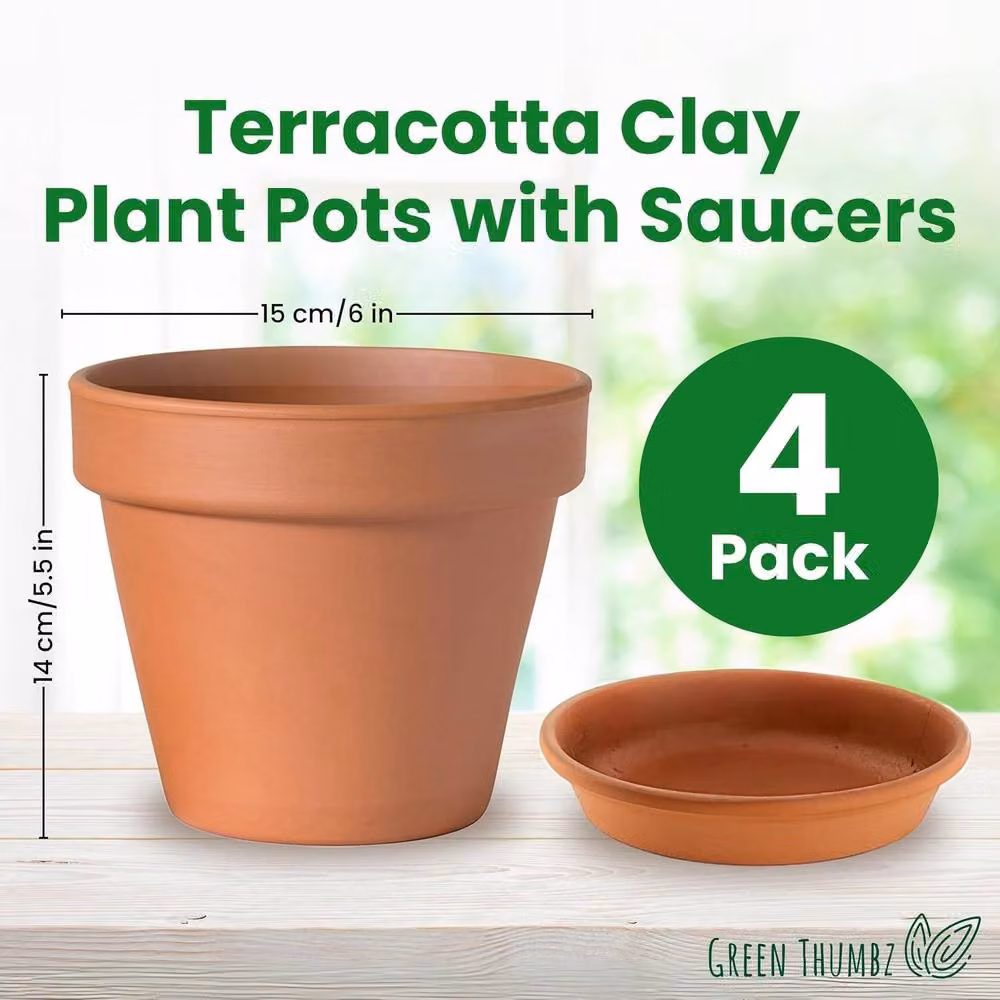 Volila Pack of 4 Brown Terracotta Clay Plant Pots with Saucers, Diameter: 15 cm – 2