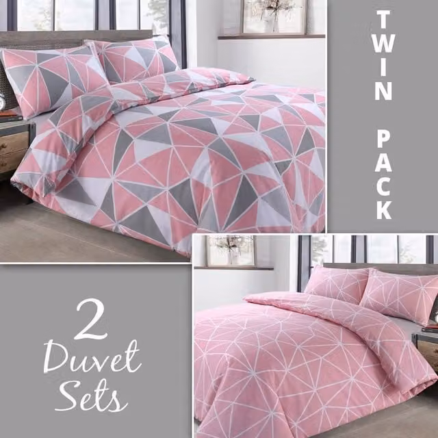 Velosso Saxton Twin Pack King Size Duvet Cover and Pillowcase Set in Pink Cotton Rich Graphic Print