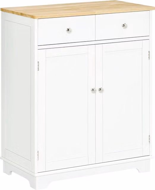 HOMCOM White Kitchen Floor Cabinet and Sideboard with Solid Rubberwood Top and Adjustable Shelf