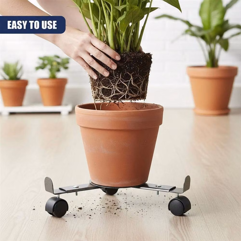FLAVORA Extendable Metal Rolling Plant Stand with Wheels in Black for Indoor and Outdoor Use – 4