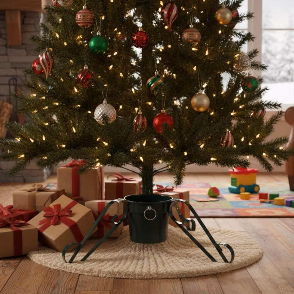 Pegdev Traditional Green Metal Christmas Tree Stand with 3 Legs and 3 Screw Clamps for Trees up to 2.8m – 3