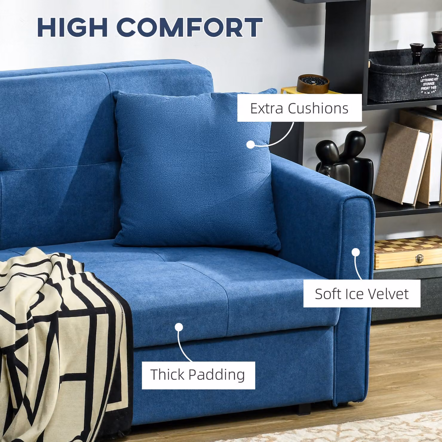 HOMCOM 2 Seater Convertible Sofa Bed with Storage and Scatter Cushions in Blue – 6
