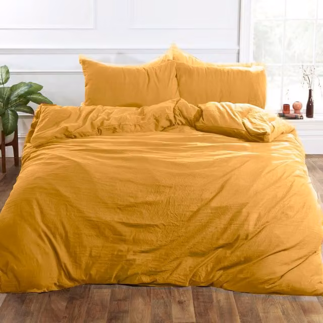 Brentfords Yellow Washed Linen Look Microfibre Duvet Cover Set with Pillowcases, W/D/H: 180 x 200 cm