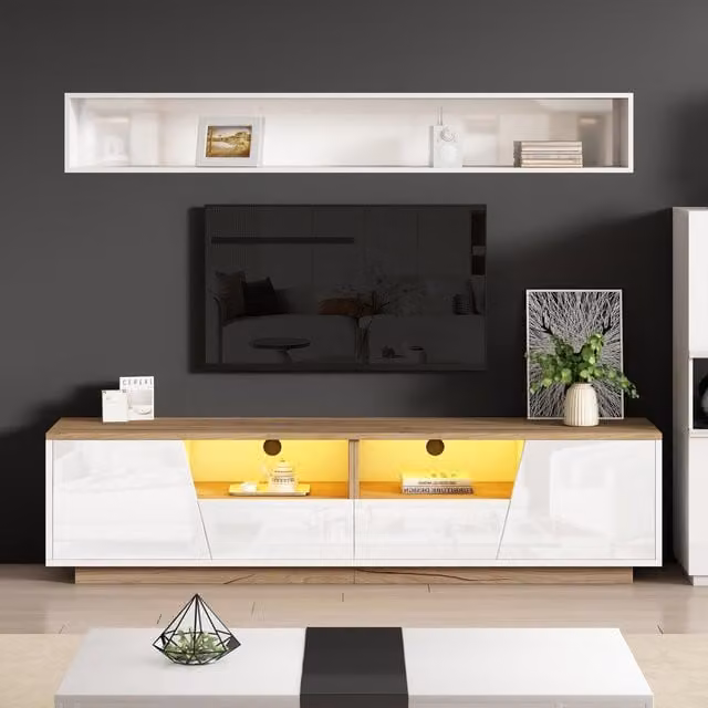 Aosom UK LED TV Stand with App-Controlled Ambient Lighting and Cable Management, White and Oak, W: 180 cm, D: 40 cm, H: 46 cm