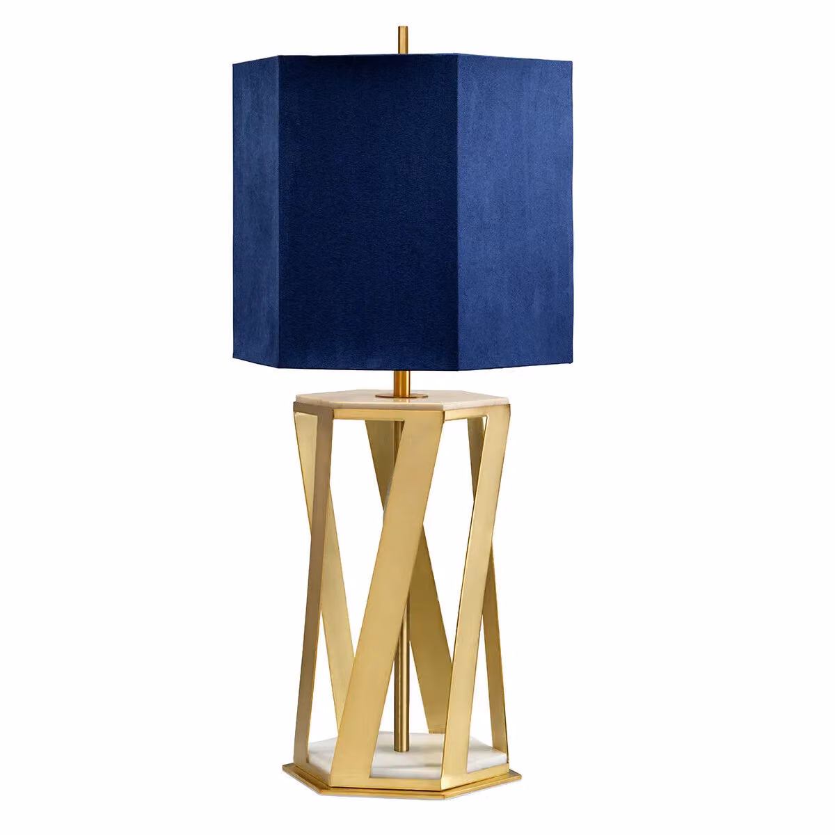 Loops Table Lamp with Blue Fabric Shade and Brushed Brass Base, E27 60W LED Compatible – 2