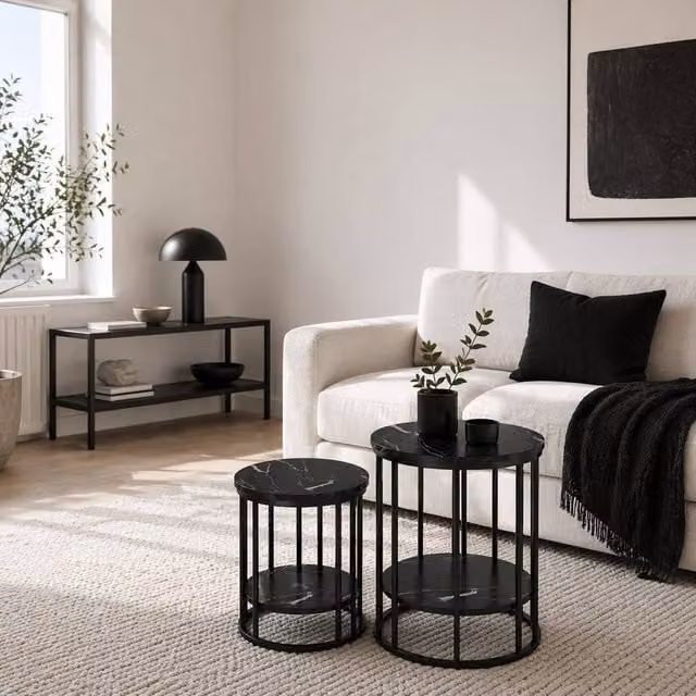 Wyld Haus Dilisu Set of 2 Black Marble Effect Round Coffee Tables with Glossy Metal Sled Base – 1