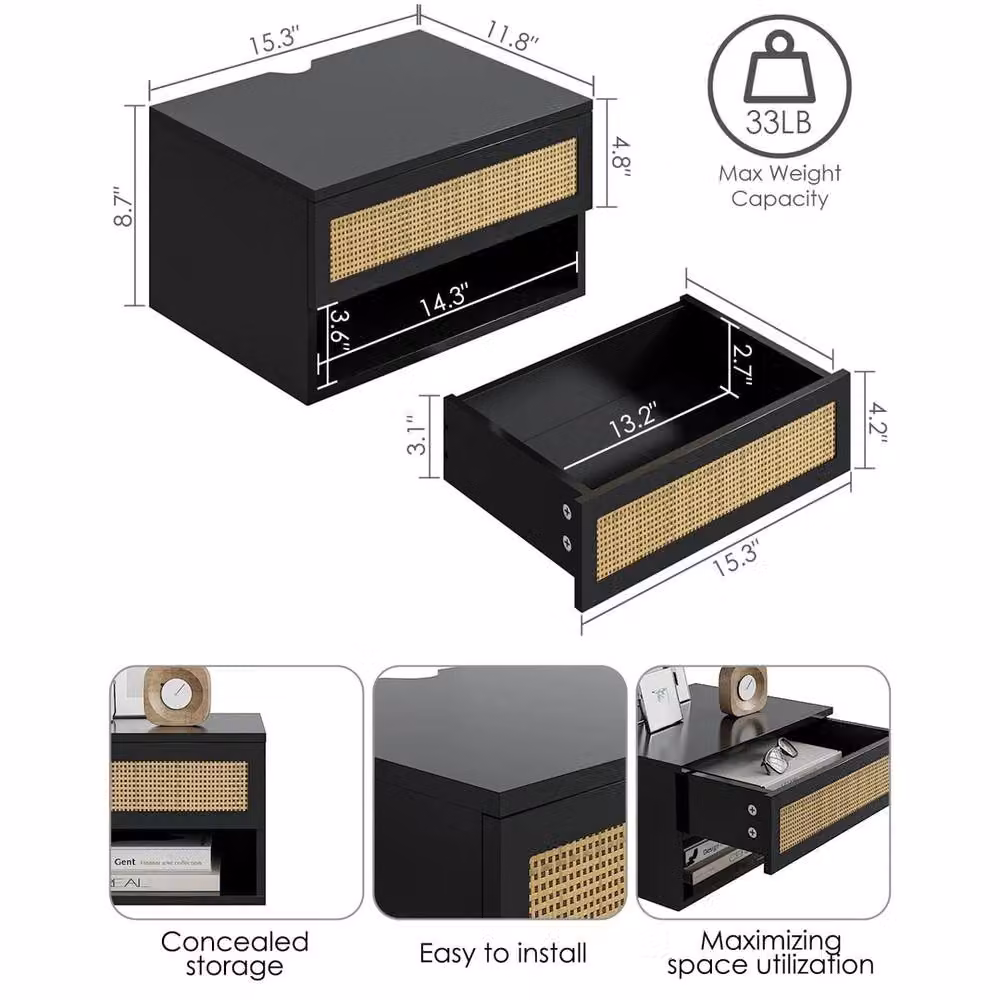 FORGEVIO Modern Wall Mounted Bedside Table in Black, W/D/H: 30 x 22.4 x 39 cm – 2