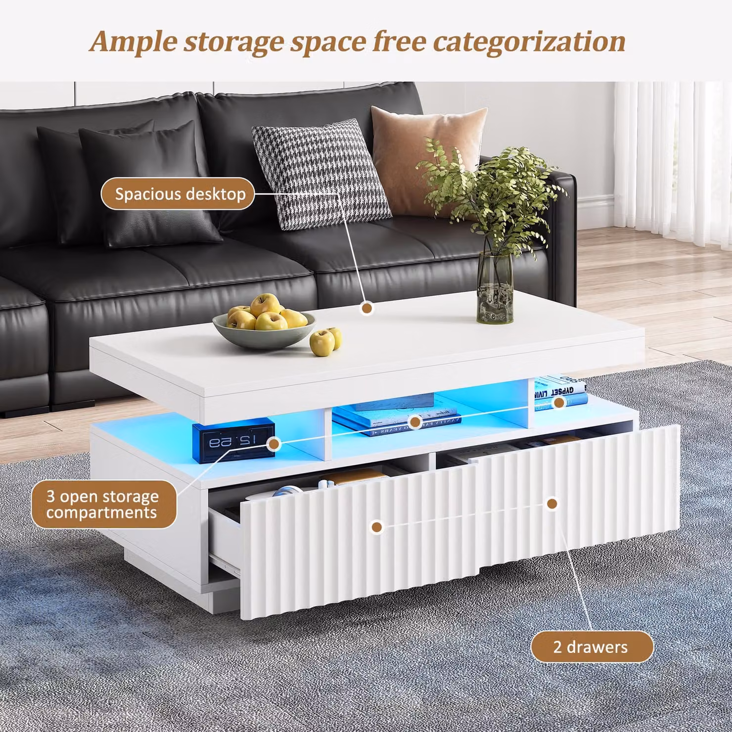 Aosom Modern White Coffee Table with App-Controlled LED, Two Ribbed Drawers and Open Display Shelf, W: 100 cm, D: 50 cm, H: 45 cm – 4