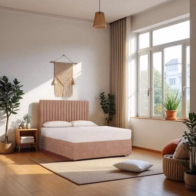 Knight Sleep Emily No Draw Divan Bed Base with Headboard in Pink Plush Velvet, W/D: 180 x 200 cm, King Size