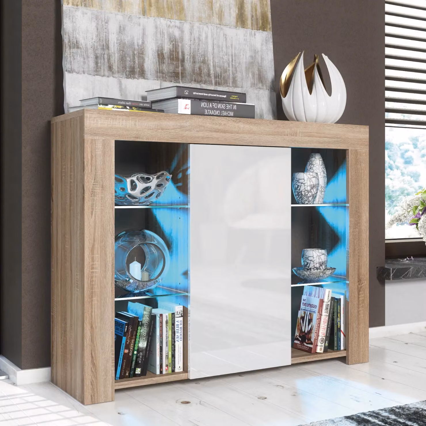 Creative Furniture Harbor Sideboard in Oak with White Gloss Doors and Integrated Lighting, W: 97 cm, H: 83 cm, D: 35 cm – 4