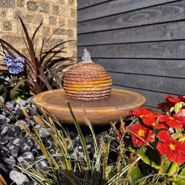 Tranquility Sandstone Babbling Bowl Sphere Solar Stone Water Fountain, Grey and Brown, Diameter: 45 cm