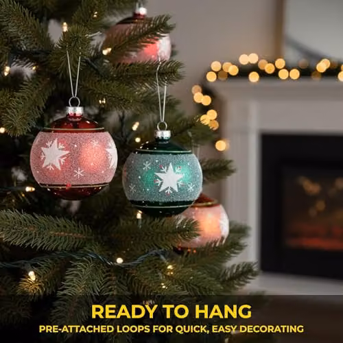 Shatchi 12-Piece Set of Red and Green Glass Christmas Baubles, 8 cm Round Hanging Ornaments – 3