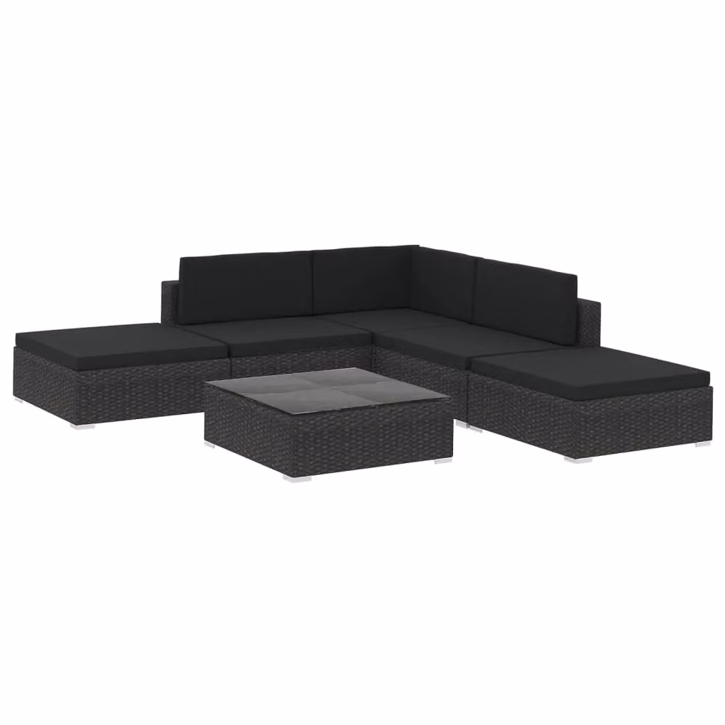 Berkfield Home 6 Piece Black Poly Rattan Garden Lounge Set with Cushions and Powder Coated Steel Frame – 2