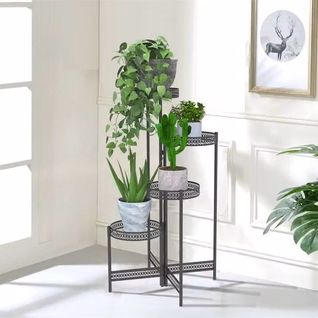 EONLION 3 Tier Black Lacquered Metal Plant Stand