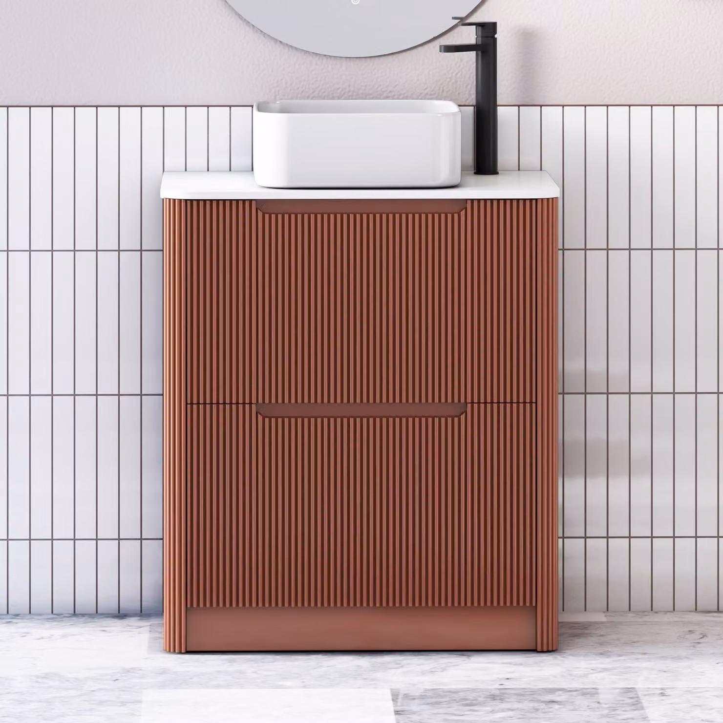 Royal Bathrooms Avenza 700mm Terracotta Clay Floor Standing 2 Drawer Vanity Unit with White Worktop and Elena Basin