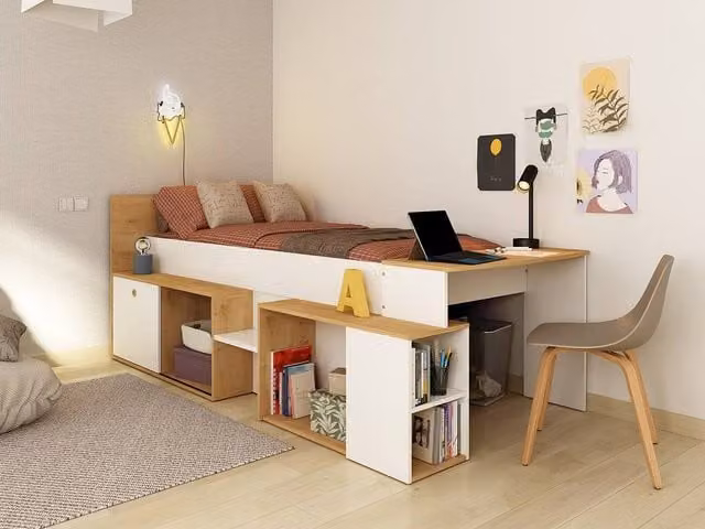 Vente-unique Single Combined Bed with Desk and Storage in White and Black, W/D/H: 200 x 90 x 117.6 cm – 1