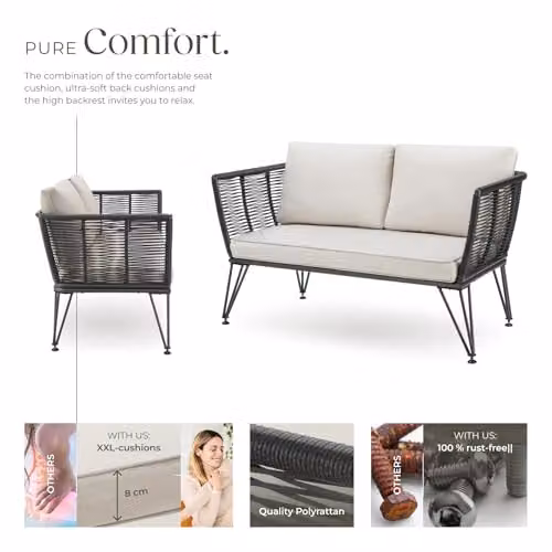 tectake 2 Seater Garden Sofa in Black Polyrattan with Rope Design and Removable Cushions – 3