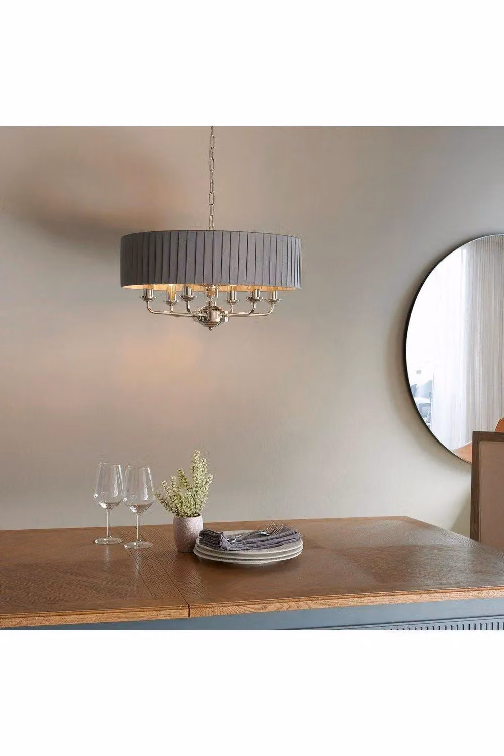 Netlighting Highclere Single Shade Pendant Light in Grey Fabric with Silver Metal Finish – 2