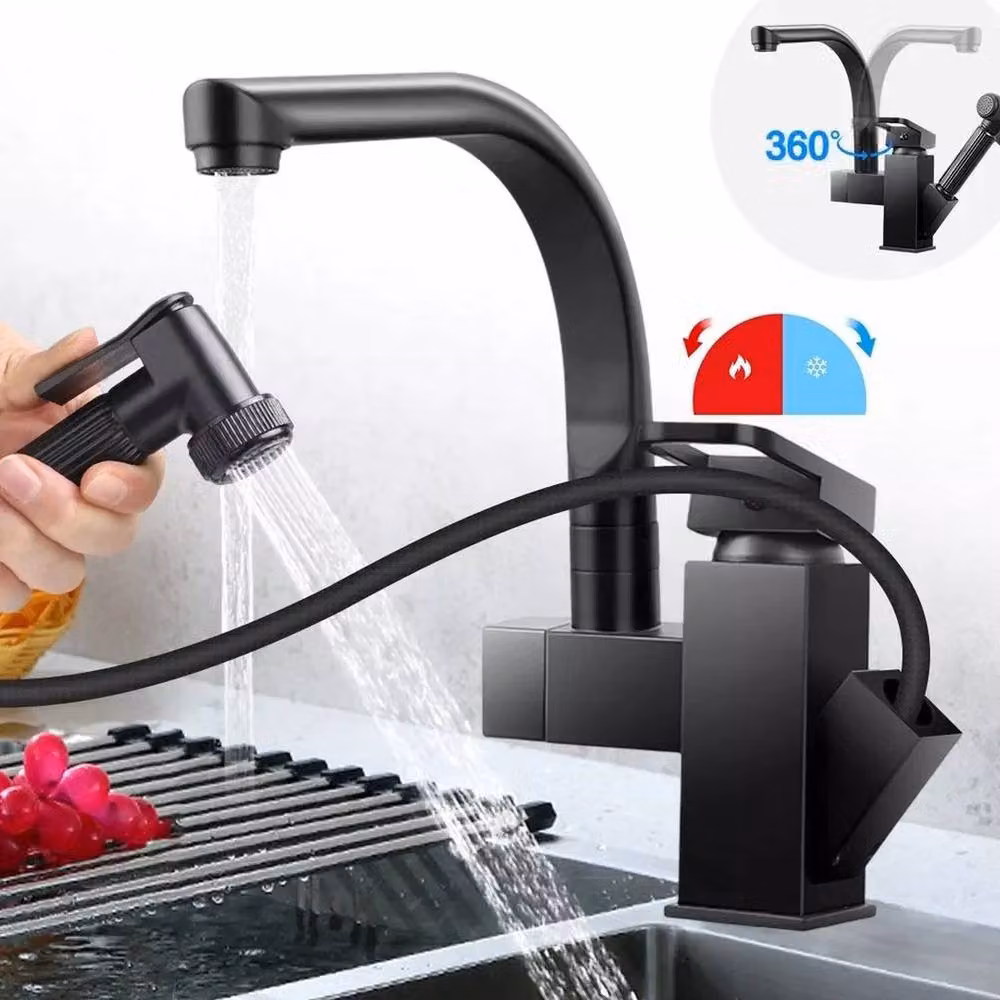 PAWNORA Matt Black 360 Degree Kitchen Sink Mixer Tap with Pull Out and Swivel Spout – 3