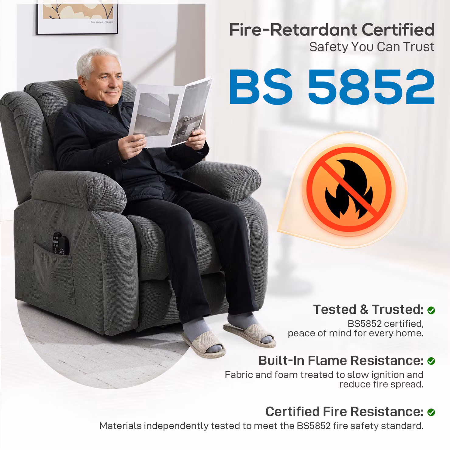 HOMCOM Electric Recliner Lift Chair with Vibration Massage, Heat, USB Port and Wide Seat in Grey Velvet Fabric – 8