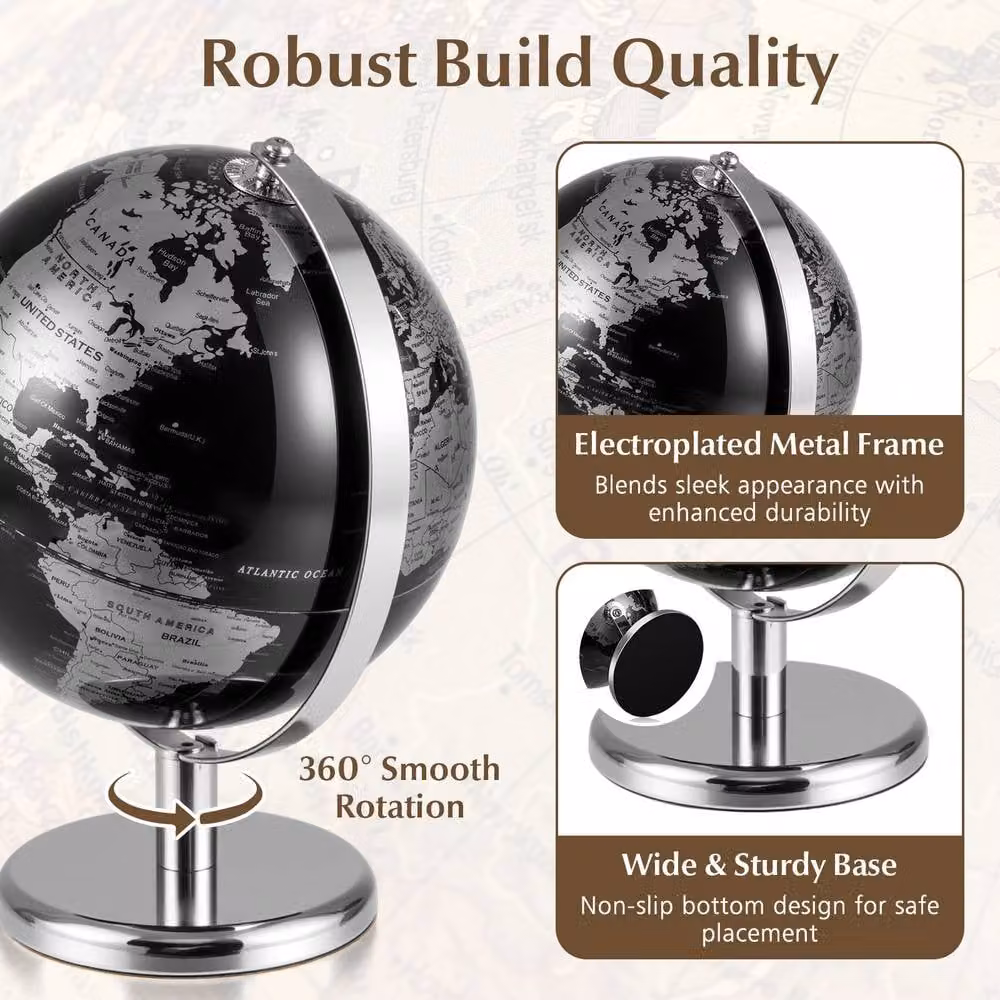 Costway Rotating World Globe in Metallic Black with Metal Stand, 20 cm – 8