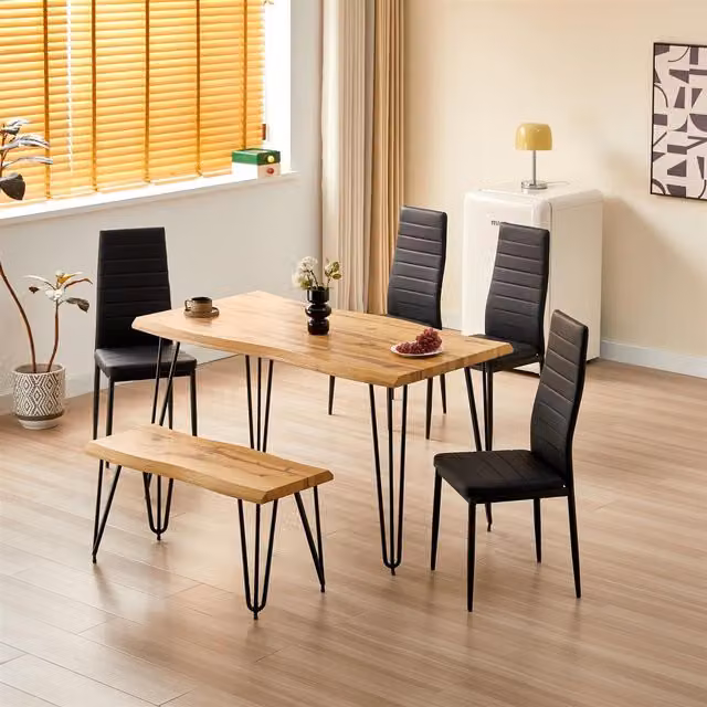 KOSY KOALA Rustic Wood Dining Set with Rectangular Table, 4 Black Metal Chairs and Bench, Brown – 1