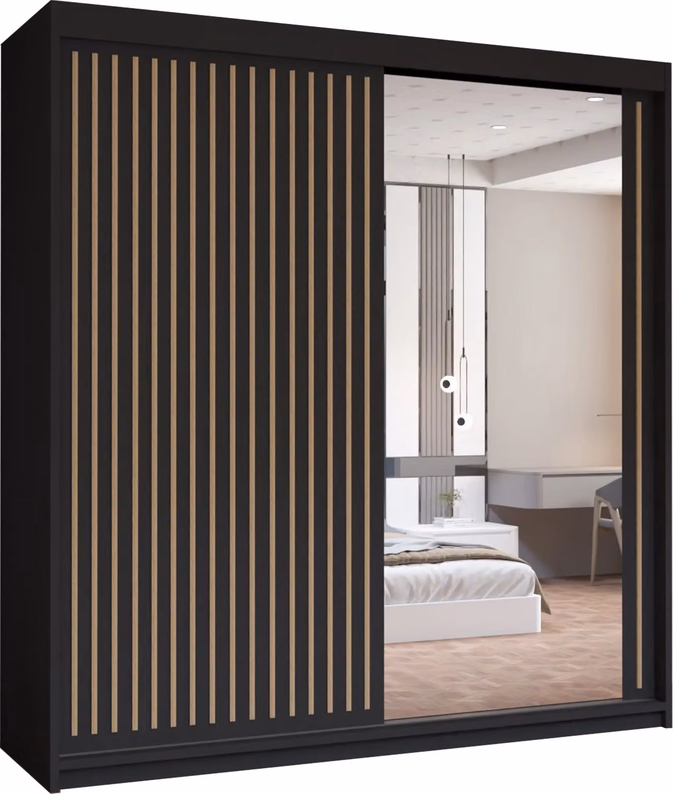 MN Furniture Reno 2 Sliding Door Wardrobe with Mirror and LED Light in Oak and Black, W: 150 cm, H: 217 cm – 2