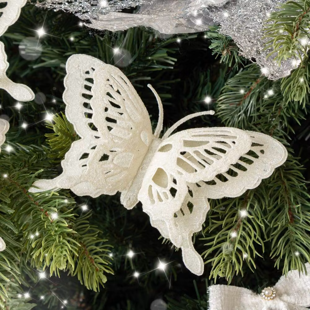 Melody Maison Set of 4 White Glitter Butterfly Christmas Hanging Decorations – 3
