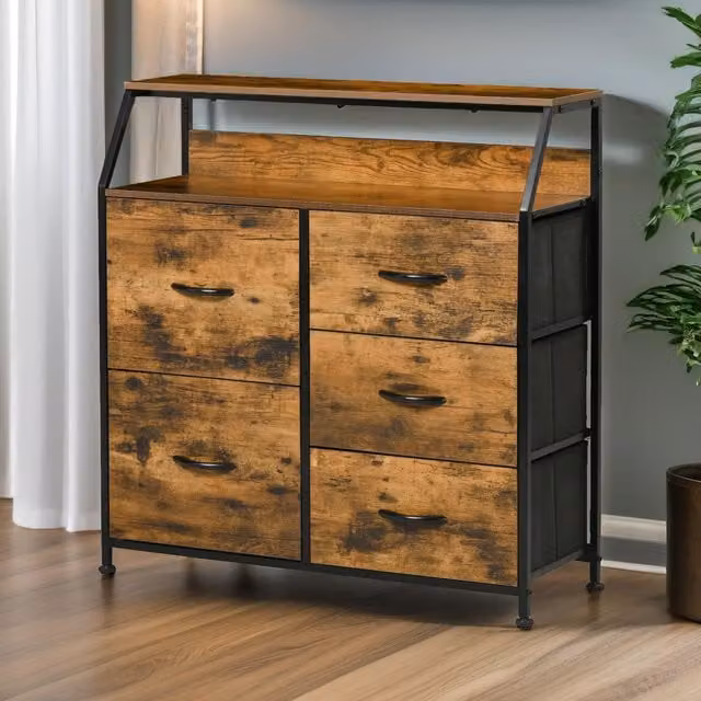 Pirlo Plush Industrial Rustic Brown Chest with 5 Fabric Drawers – 1