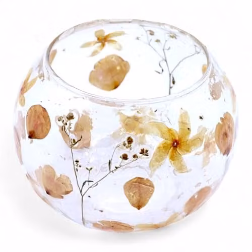 Serenityy Rosa Natural Floral Glass Large Bowl Candle Holder, Pink and Multicolour, W/D/H: 12 x 12 x 13 cm