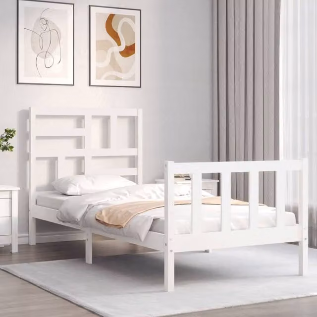 Berkfield Home Beautiful Single Solid Pine Wood Bed Frame with Headboard, White, W/D/H: 90 x 190 cm